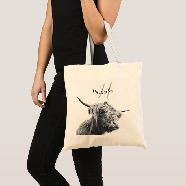 Highland cow portrait initial monogram black white tote bag (Front (Product))