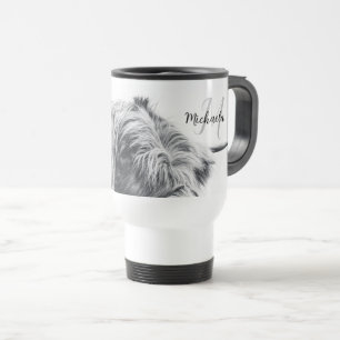 Highland cow portrait initial monogram black white travel mug
