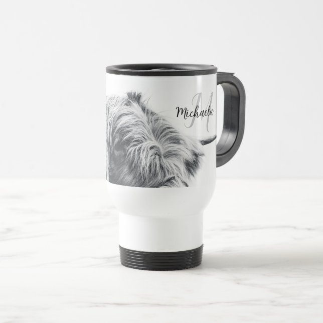 Highland cow portrait initial monogram black white travel mug (Front Right)