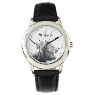 Highland cow portrait initial monogram black white watch