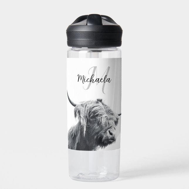 Highland cow portrait initial monogram black white water bottle (Front)