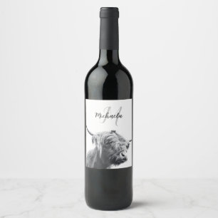Highland cow portrait initial monogram black white wine label