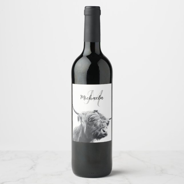 Highland cow portrait initial monogram black white wine label (Front)