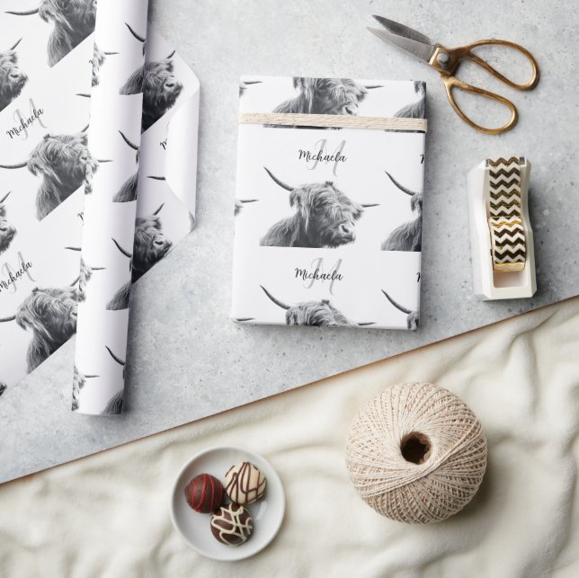 Highland cow portrait initial monogram black white wrapping paper (Crafts)