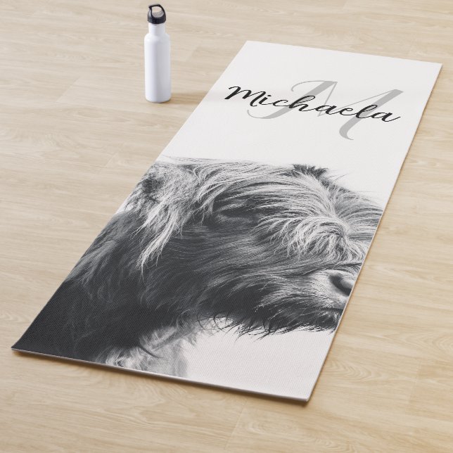 Highland cow portrait initial monogram black white yoga mat (In Situ)