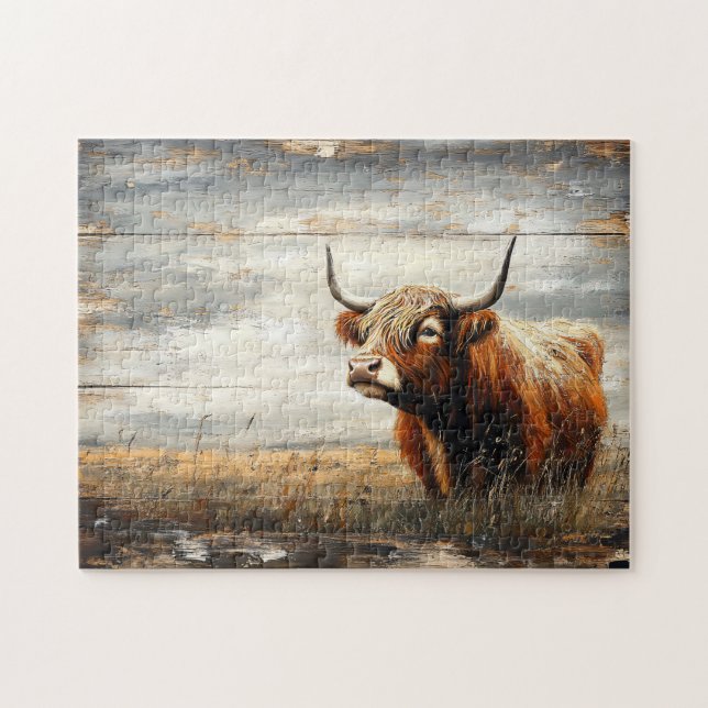 Highland Cow Portrait on Weathered Wood Jigsaw Puzzle (Horizontal)