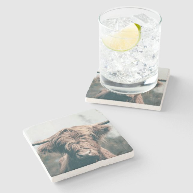 Highland cow portrait stone coaster (Side)