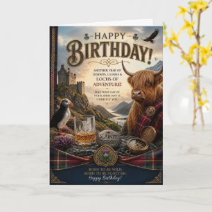 Highland Cow Puffin Whisky Birthday Card
