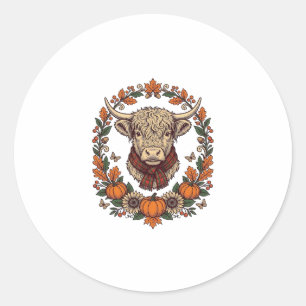 Highland Cow Pumpkin Vintage Engraving Fall Shirt Classic Round Sticker