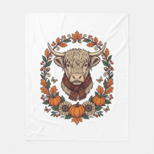 Highland Cow Pumpkin Vintage Engraving Fall Shirt Fleece Blanket