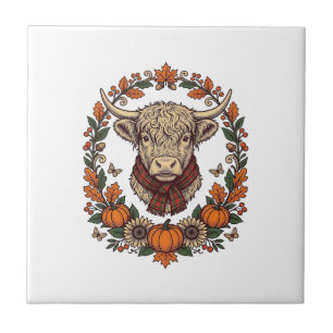 Highland Cow Pumpkin Vintage Engraving Fall Shirt Tile