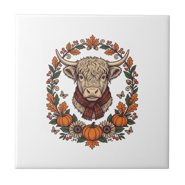 Highland Cow Pumpkin Vintage Engraving Fall Shirt Tile (Front)