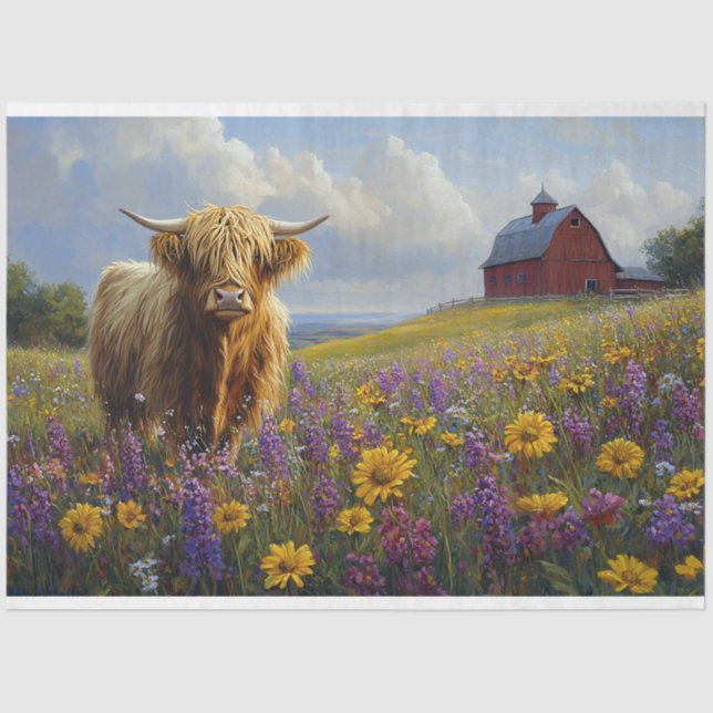 Highland Cow Purple Yellow Wildflowers Decoupage Tissue Paper (Front)