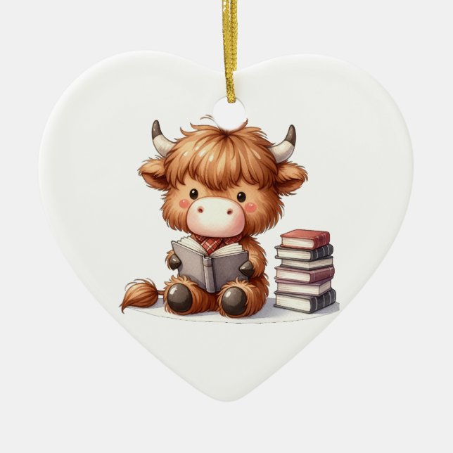 Highland Cow Reading Books Ceramic Tree Decoration (Front)