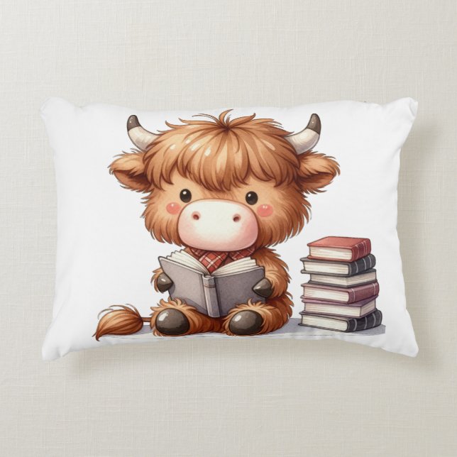 Highland Cow Reading Books Decorative Cushion (Front)