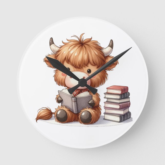 Highland Cow Reading Books Round Clock (Front)