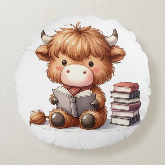 Highland Cow Reading Books Round Cushion (Front)