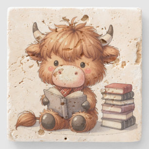 Highland Cow Reading Books Stone Coaster