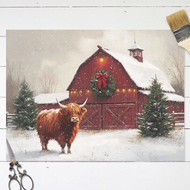 Highland Cow Red Barn Christmas Decoupage Tissue Paper (Creator Uploaded)