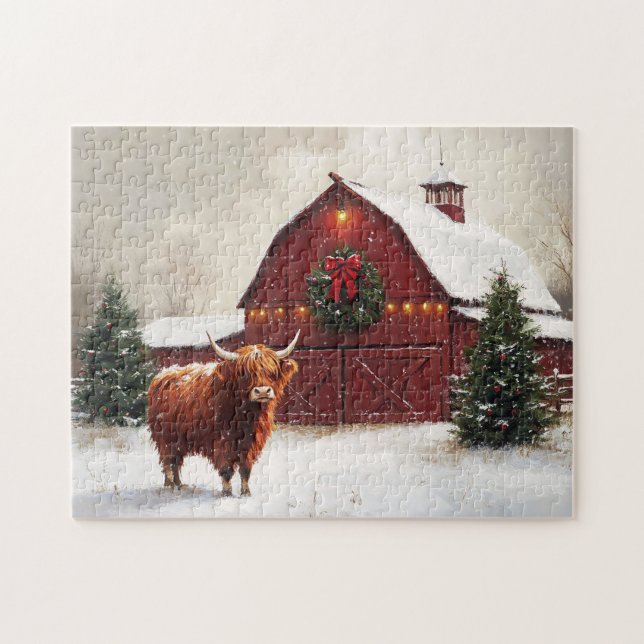 Highland Cow Red Barn Christmas Wreath Jigsaw Puzzle (Horizontal)