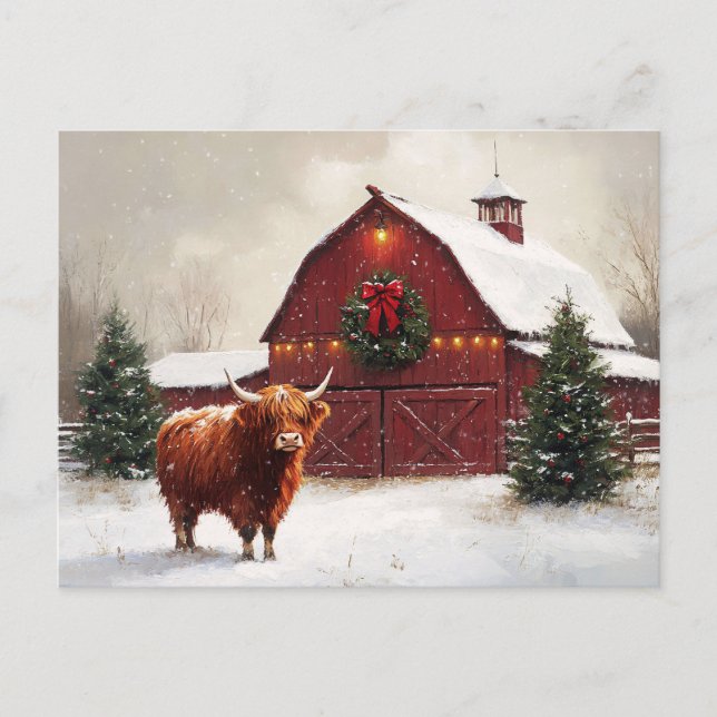 Highland Cow Red Barn Christmas Wreath Postcard (Front)