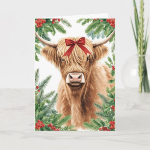 Highland Cow Red Bow Christmas  Holiday Card