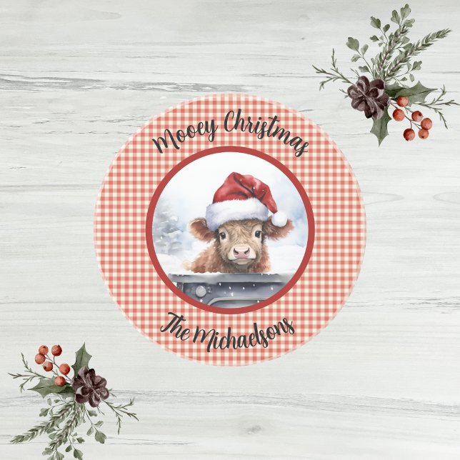 Highland Cow Red White Gingham Monogram Christmas Coaster (Creator Uploaded)