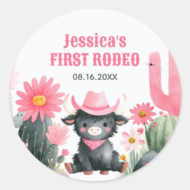 Highland Cow Rodeo Western Kids' First Birthday  Classic Round Sticker (Front)