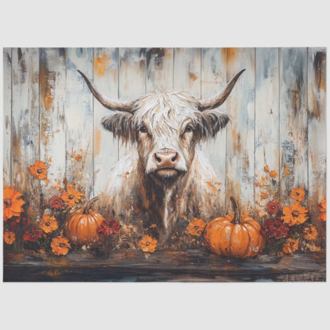 Highland Cow Rustic Autumn Painting Decoupage Tissue Paper (Front)