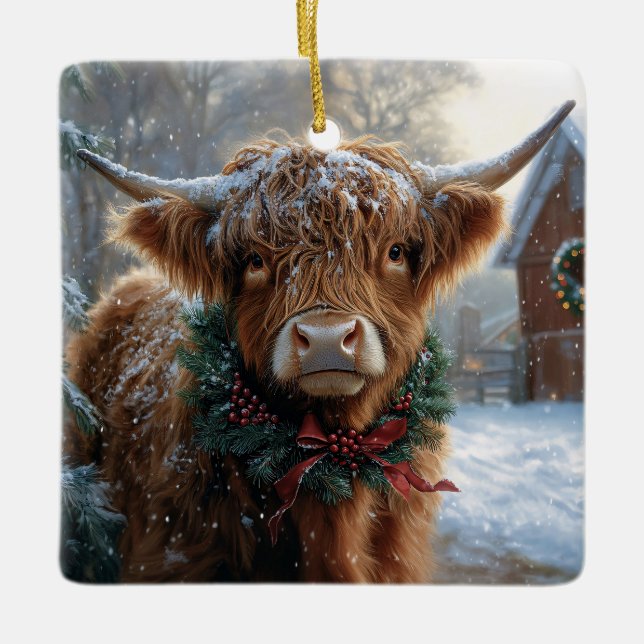 Highland Cow Rustic Barnyard Christmas Ceramic Ornament (Front)