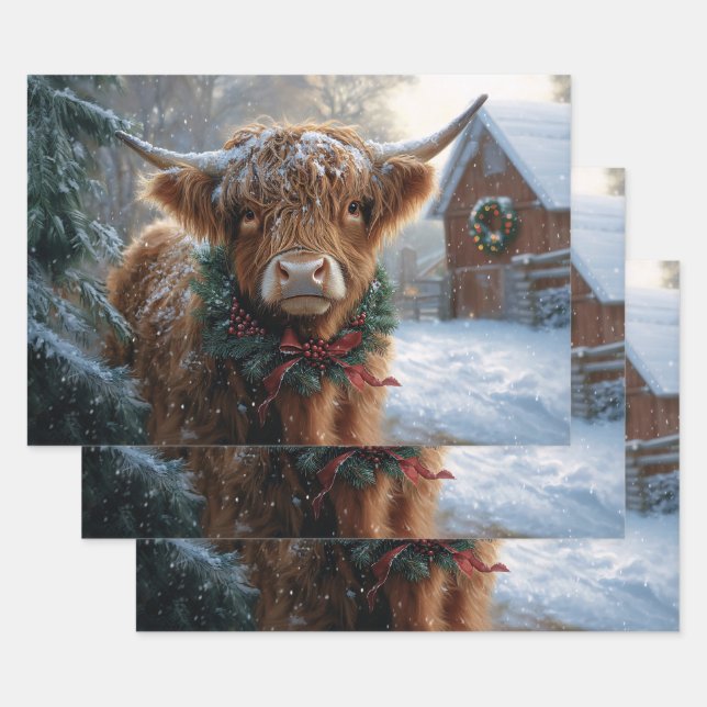 Highland Cow Rustic Barnyard Christmas Decoupage Wrapping Paper Sheet (Set)