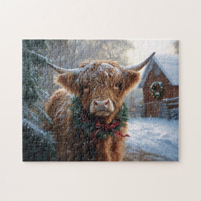 Highland Cow Rustic Barnyard Christmas Jigsaw Puzzle (Horizontal)