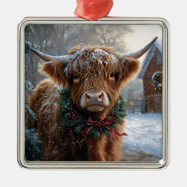 Highland Cow Rustic Barnyard Christmas Metal Tree Decoration (Front)