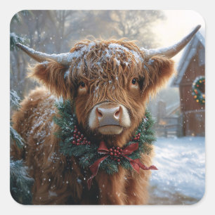 Highland Cow Rustic Barnyard Christmas Square Sticker