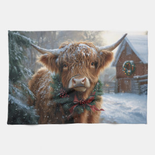 Highland Cow Rustic Barnyard Christmas Tea Towel