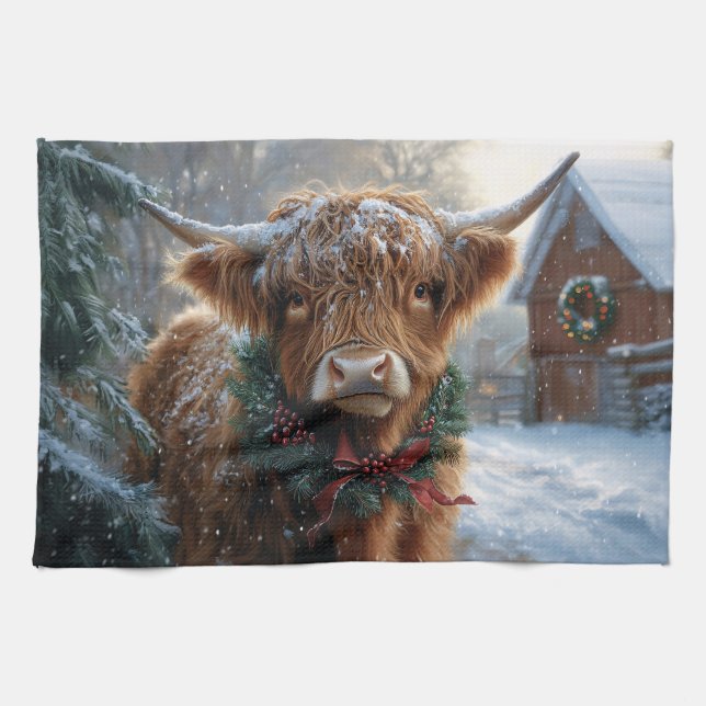 Highland Cow Rustic Barnyard Christmas Tea Towel (Horizontal)