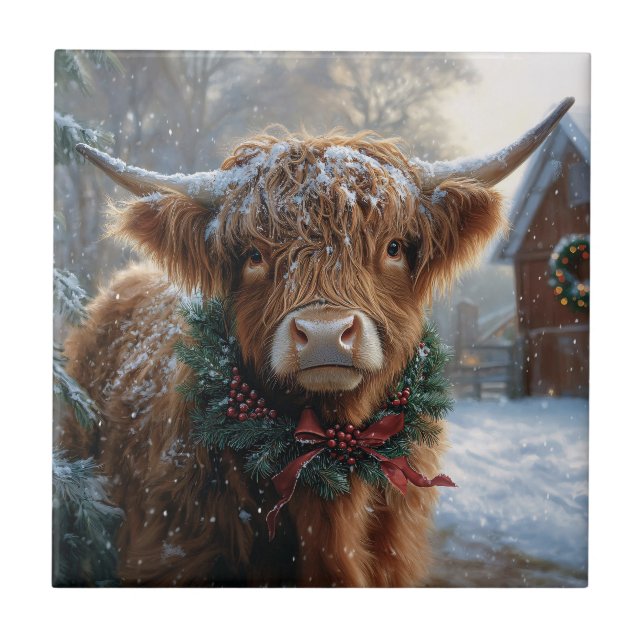 Highland Cow Rustic Barnyard Christmas Tile (Front)