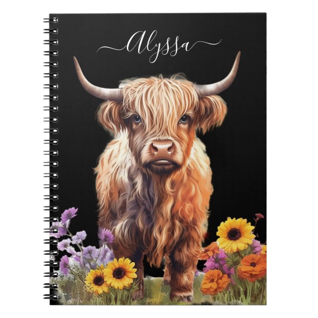 Highland Cow Rustic Floral Garden Decoupage Notebook (Front)