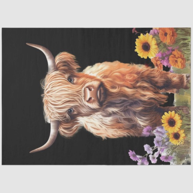 Highland Cow Rustic Floral Garden Decoupage Tissue Paper (Front)