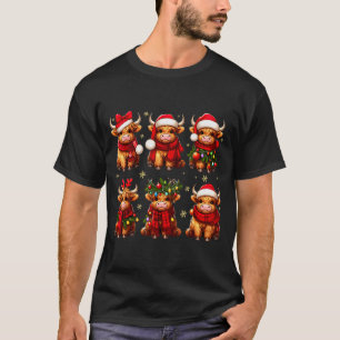 Highland Cow Santa Christmas Lights Funny Xmas Ani T-Shirt