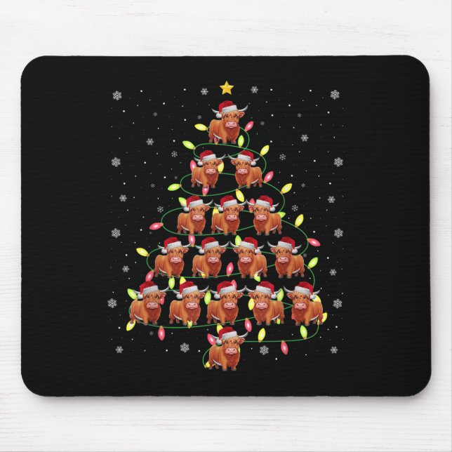Highland Cow Santa Christmas Tree Lights Ugly Swea Mouse Mat (Front)