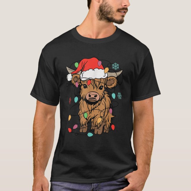 Highland Cow Santa Claus Hat Cute Xmas Cow Christm T-Shirt (Front)