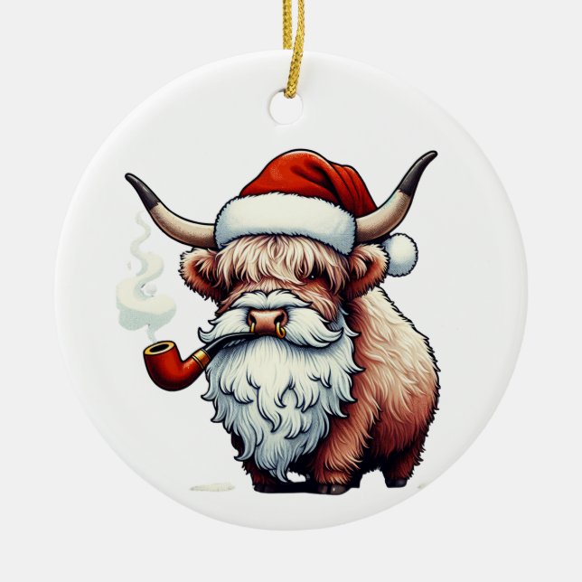 Highland Cow Santa - Funny Rustic Decor Ceramic Tree Decoration (Front)