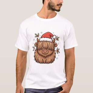 Highland Cow Santa Hat Christmas Animal Art T-Shirt