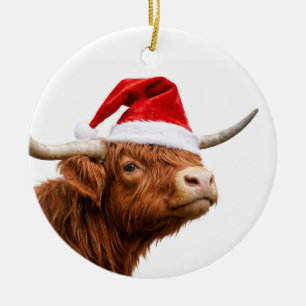 Highland Cow Santa Hat Cute Christmas Holiday Ceramic Tree Decoration