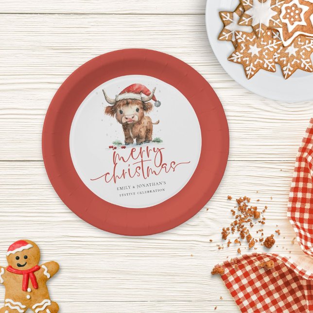 Highland Cow Santa Hat Name Merry Christmas Paper Plate (Creator Uploaded)