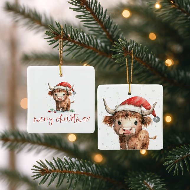 Highland Cow Santa Script name Merry Christmas Ceramic Ornament (Front and back view)