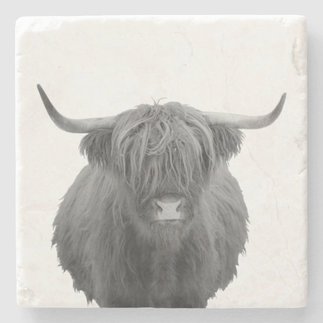 Highland Cow Scotland Black White Farmhouse Stone Coaster (Front)