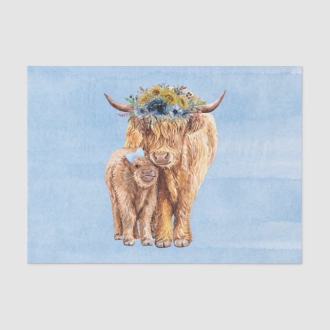Highland Cow Scotland Blue Mama Baby Calf Tissue Paper (Front)