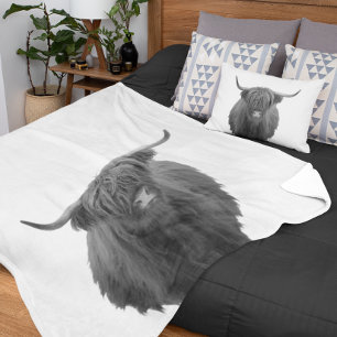 Highland Cow Scotland Rustic Black White Fleece Blanket
